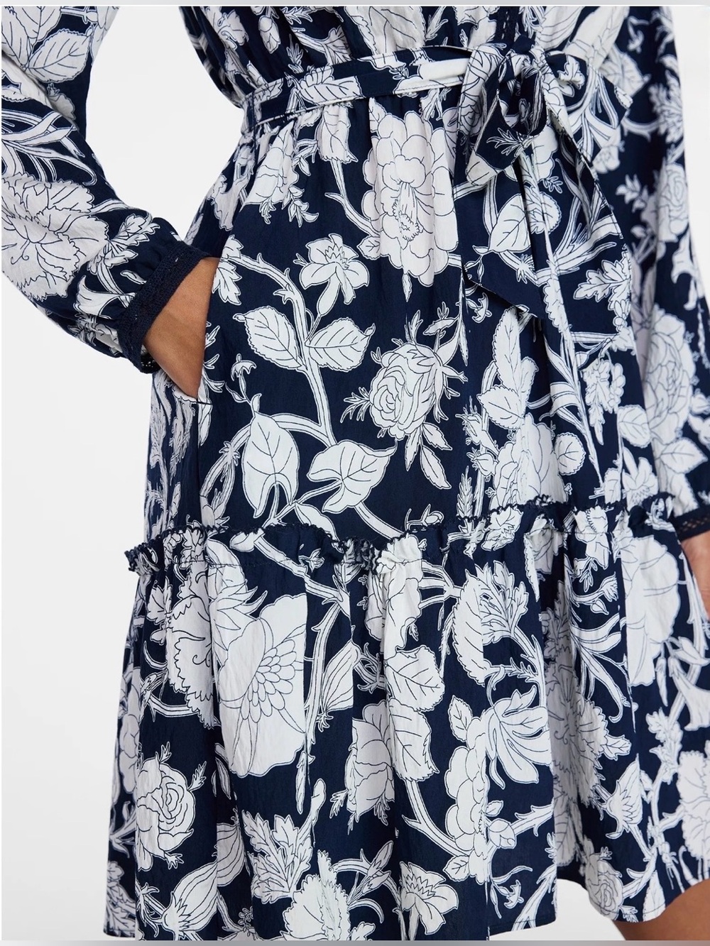 Time and Tru Peasant Mini Dress 2XL XXL Floral Navy Blue Lace Long Sleeve Boho - Picture 5 of 7